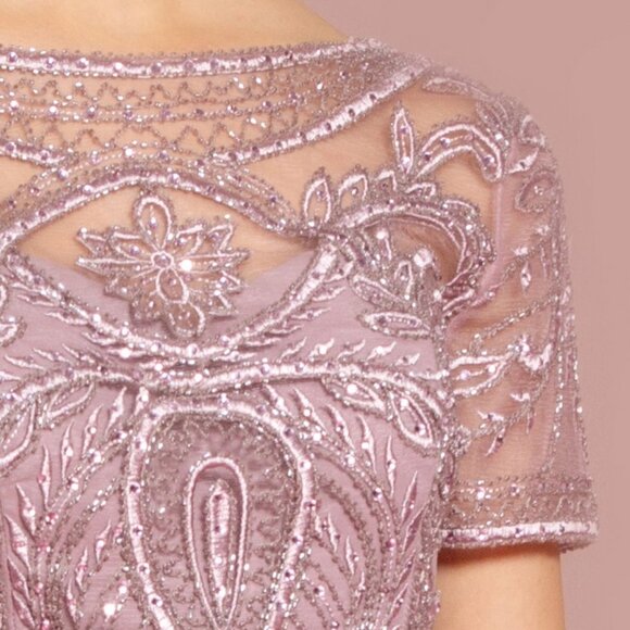 NEW LONG CHIFFON A-LINE DRESS WITH CAP SLEEVES EMBROIDERED WITH LACE GL2683 - Picture 5 of 13